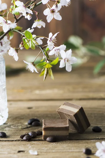 Bonbon au chocolat, sur bois rustique — Photo