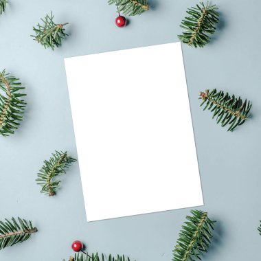 Boş kağıt tebrik kartı ya da mavi zemin üzerinde köknar ağacı dalları ve kırmızı böğürtlen süslemesi olan davetiye kartı. Noel, yeni yıl, kış tatili konsepti.