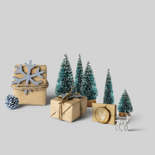 Christmas Presents Wrapped Surrounded Small Toy Pine Trees White Reindeer Stock Image