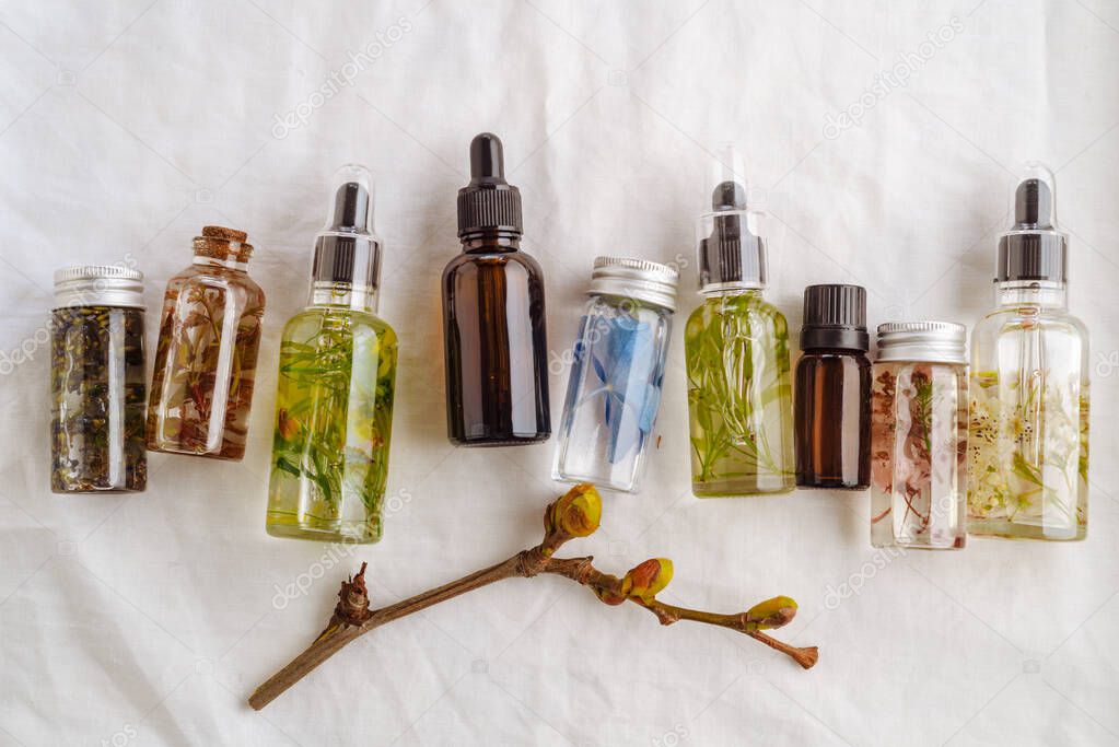 Transparent Bottles of essential oil with fresh herbs and flowers, natural treatment for massage, aromatherapy or spa concept. Natural medicines. From above