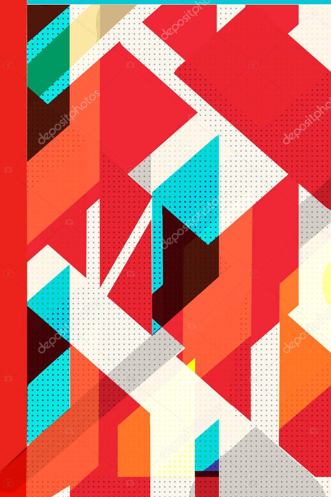 Colorful geometric Cover Swiss Modernism. cubes and triangles. Orange, turquoise blue and red texture. Abstract pattern Shapes Concept backgrounds for ads or prints, covers or posters, banners or cards. Linear, triangles and cubes elements.
