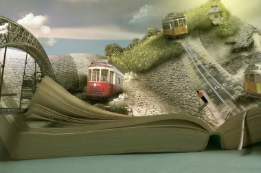 Büyülü seyahat kitap, tramvaylar ve kasabalar. Boyutlu sayfa açık 