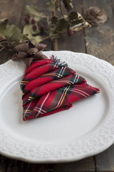 Christmas Dinner rustic, white plate and napkin green and red bo — Stock Photo, Image