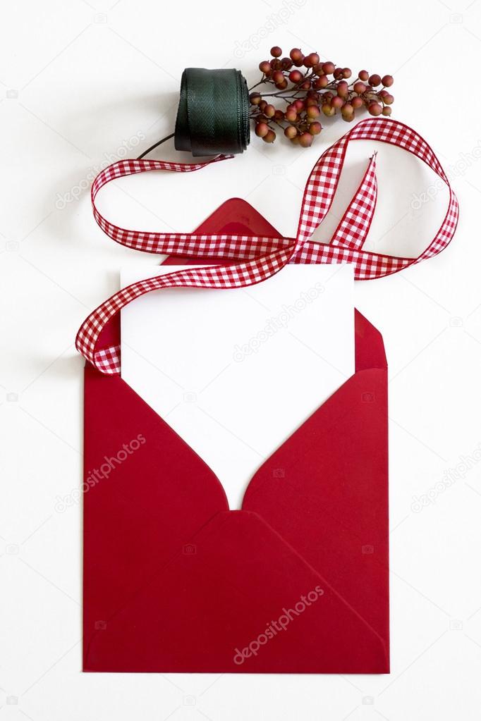 Red Envelope, Christmas letter, checkered red ribbon on white ba