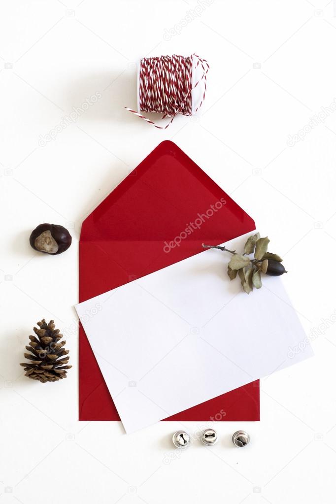 Red Envelope, Christmas letter, white background and ornaments