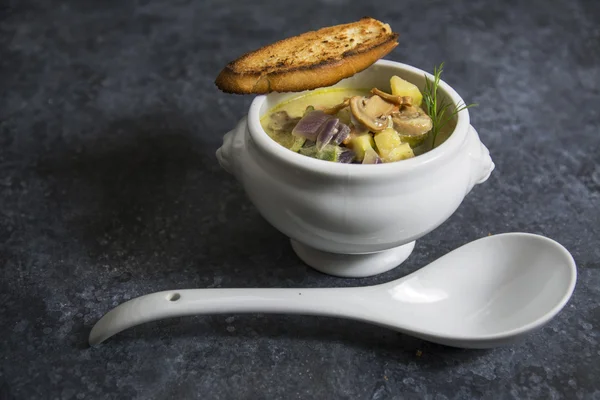 Soupe de légumes dans un bol blanc sur fond sombre avec texture — Photo