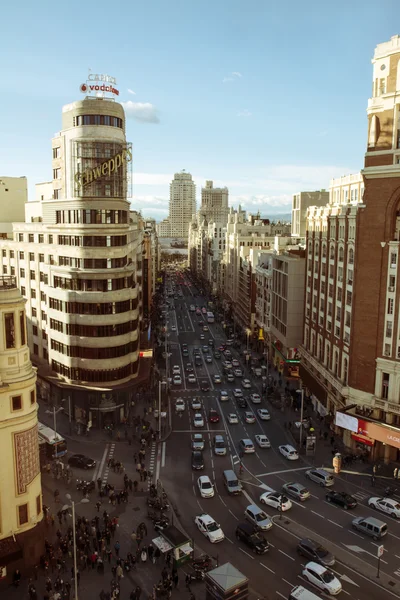 Gran Vía y Plaza Callao, vista aérea, Madrid, España — Foto de Stock