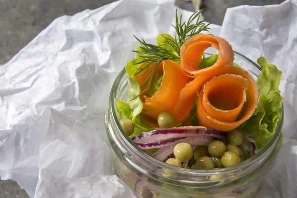 Vegetable salad in glass jar — Stock Photo, Image