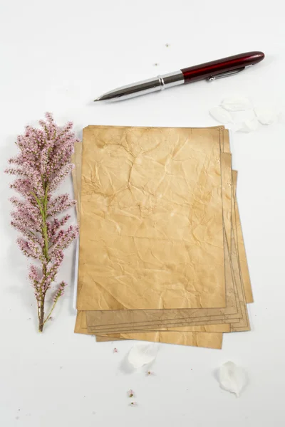 Vieux papier froissé avec des fleurs fond blanc — Photo