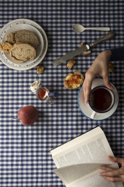 Kahvaltı, elleri ve bir kitap olan kadın