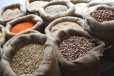 fasulye, pirinç, mercimek, yulaf, buğday, çavdar ve arpa jüt çuval içinde