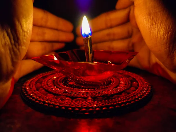 Hands Indian Women Covering Oil Lamp Occasion Diwali Festival — Stock Photo, Image