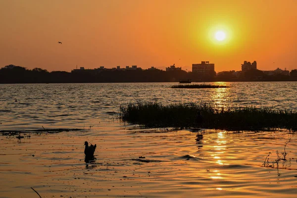 Kolhaur市のRankala湖で美しく穏やかな黄金の夕日 — ストック写真
