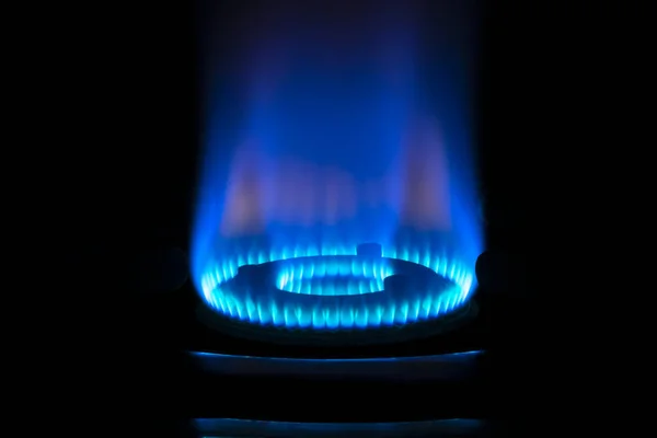 Close Gas Burner Blue Flame Kitchen Stove Dark — Stock Photo, Image