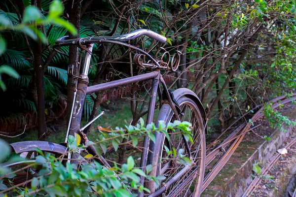 コラーフル市のガーデンフェンスの近くに放置された古い錆びた自転車のストックフォト Maharashtra India — ストック写真