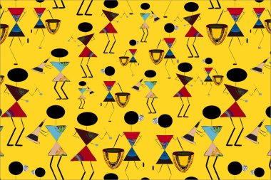 Sarı arka planda, renkli geleneksel kabile Warli resim sanatının kusursuz deseni..