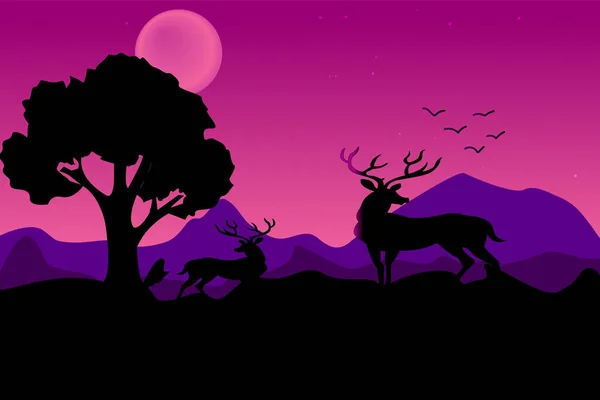 Dark Pink Purple Color Background Vector Silhouette Deer Tree Mountain — Stock Vector