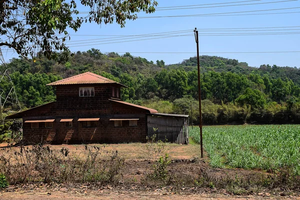 Stock photo of traditional Indian farm house situated in the middle of agricultural land at Kolhapur Maharashtra India.