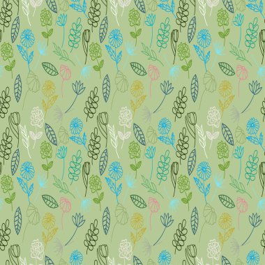 Farklı çiçek hatlarının kusursuz deseni ve açık kivi rengi arka planda ana hatları, güzel çizgi sanatı. Çiçek deseni.