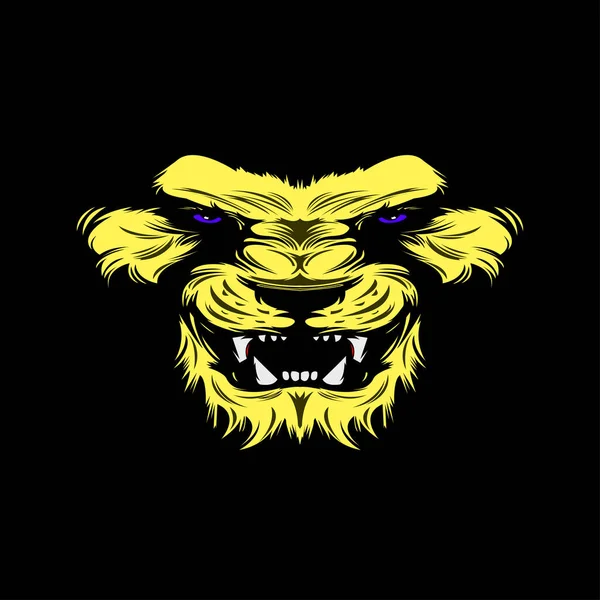 Siyah arka planda sarı renkli kaplan suratlı vektör sanatı, kaplanın agresif yüz ifadesi. Parlak mavi gözler ve kaplan yüzünde gri şeritler..