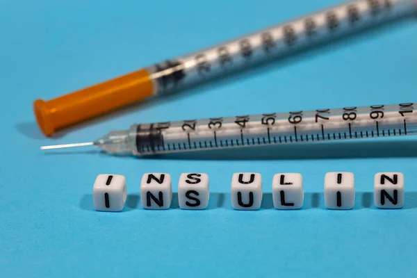 An insulin syringe for the treatment of diabetes on a blue background and the inscription \