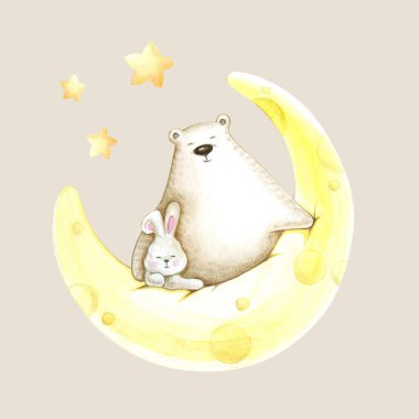 Elle boyanmış suluboya ayı ve ayda tavşan.