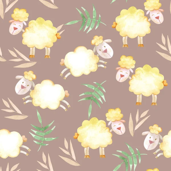 seamless watercolor cartoon pattern cute, curly lamb. childrens watercolor illustration, childrens design of cards, invitations