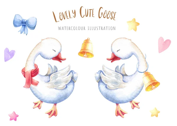 Hand Drawing Watercolor Cute Two Goose Stars Bows Hearts Illustration — Stock Photo, Image