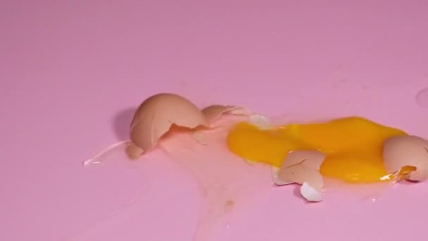 Uovo Pollo Caduto Rotto Sfondo Rosa Risoluzione Video Rallentatore — Video Stock