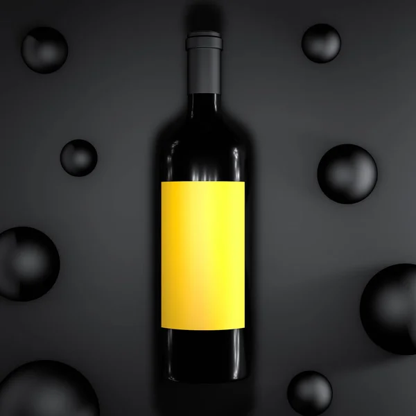 Stylized Dark Glass Wine Bottle Bright Yellow Label Black Background — Stock Photo, Image