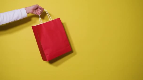 Concepto Compra Venta Mano Femenina Sostiene Bolsa Papel Comercial Aislada — Vídeo de stock