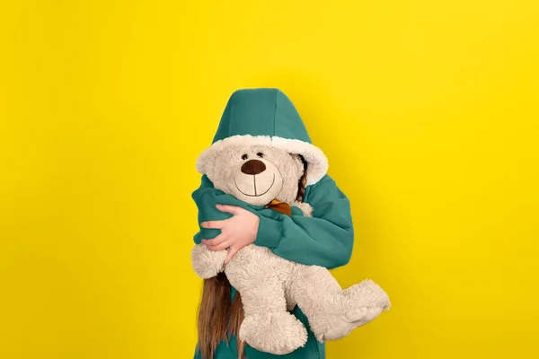 Teen Beautiful Girl Hugs Hide Big Teddy Bear Banner Copy — Stock Photo, Image