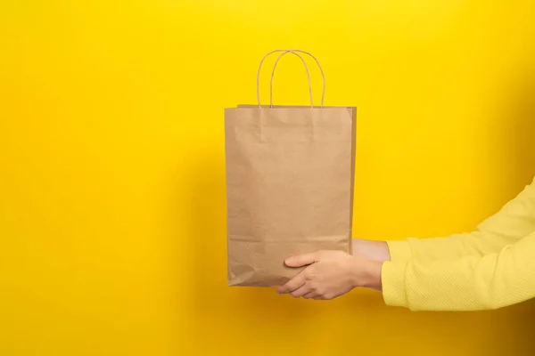 Las Manos Femeninas Sostienen Una Bolsa Regalo Grande Hecha Papel —  Fotos de Stock