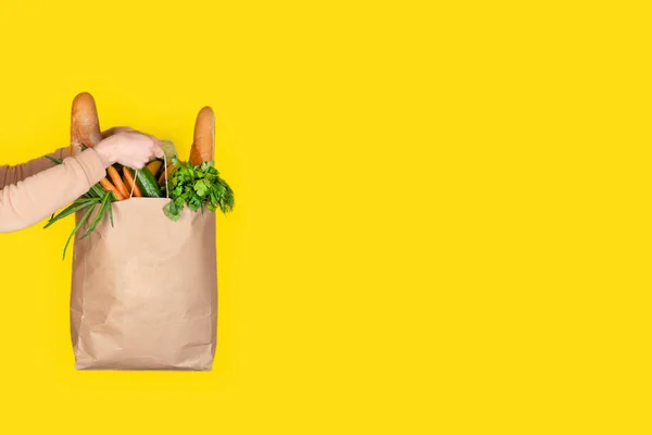 Winkelen Food Delivery Donatie Concept Boodschappen Doen Vrouw Houdt Eco — Stockfoto