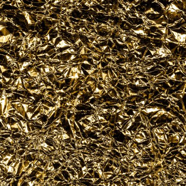 Doku arka planı için parlak buruşuk yüzeyi olan altın folyo. Yanardöner yüzey kırışık folyo.