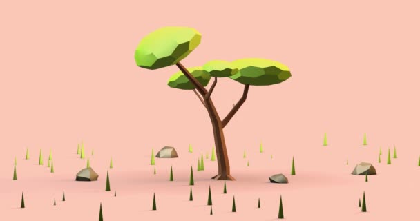 Gün Batımında Şafak Vakti Bir Ağacın Düşük Polimerli Animasyonu Çözünürlüğü — Stok video