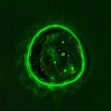 Açık şeffaf sıvı jel koyu yeşil damla ya da koyu yeşil arka planda izole edilmiş neon açık yeşil işaret fişeği ile bulaşma. Üst Manzara. Virüs koruması ya da kozmetik konsepti. Serum dokusu.
