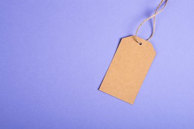 Eflatun arkaplanda el yapımı kahverengi kağıt etiketi var. Asgari stil kopya alanı olan indirimli fiyat afişi