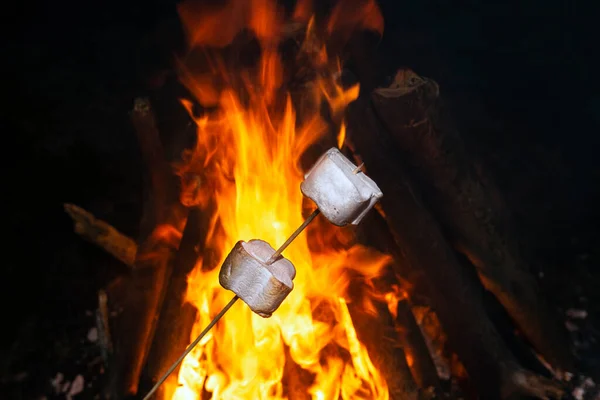 Marshmallows Über Dem Feuer Braten Nahsicht — Stockfoto