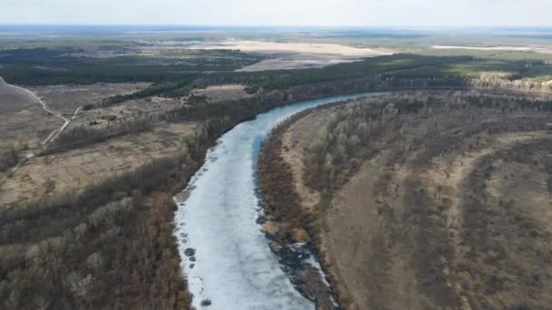 Drone Vista Sulla Primavera Disgelo Fiume Desna Ucraina Vista Volo — Video Stock