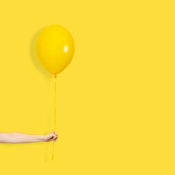 Female Hand Hold Yellow Balloon Party Present Concept Yellow Balloon — Photo