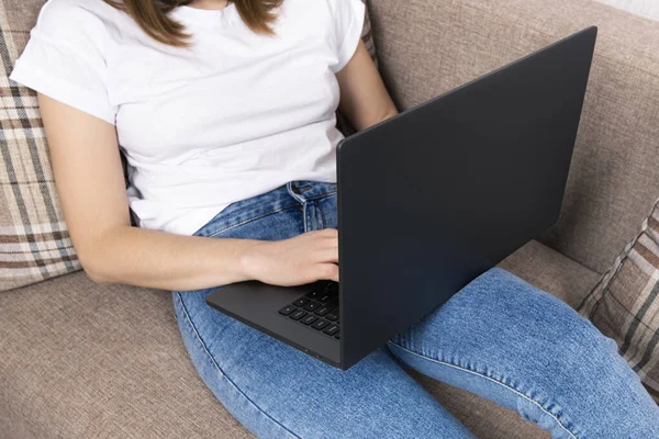 Woman Working Laptop Modern Space Top View Home Office Online — Foto de Stock