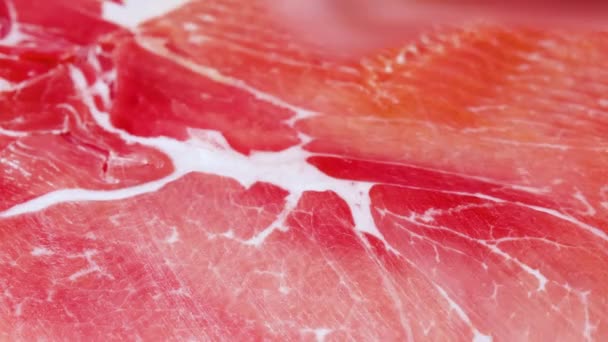 Jamon Oder Spanien Hergestellter Trockenschinken Aus Nächster Nähe Lebensmittel Hintergrund — Stockvideo