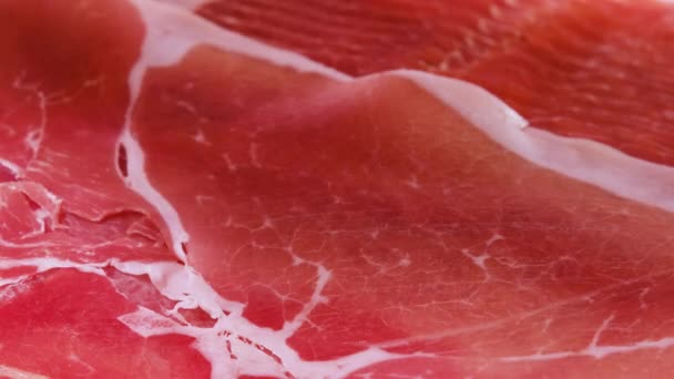 Jamon Oder Spanien Hergestellter Trockenschinken Aus Nächster Nähe Lebensmittel Hintergrund — Stockvideo