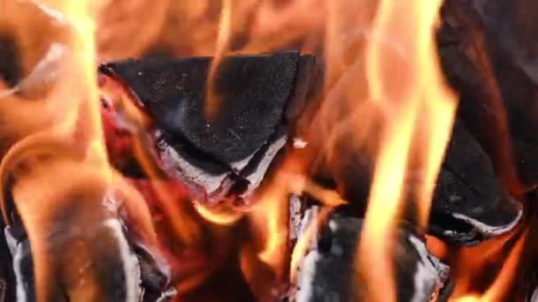 火は暖炉の中で燃えています遅い動きと炎の中でグリルで燃焼いくつかの非常に熱い炭の終わり — ストック動画