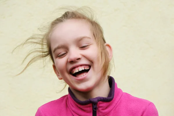 Beautiful Teen Blonde Girl Laughs Hair Fluttering Wind — Stock Photo, Image
