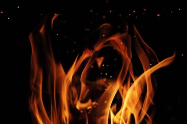 Siyah arka planda izole edilmiş ateş hattı ya da alevler. 4K çözünürlüğü. Şöminede ateş yanıyor..