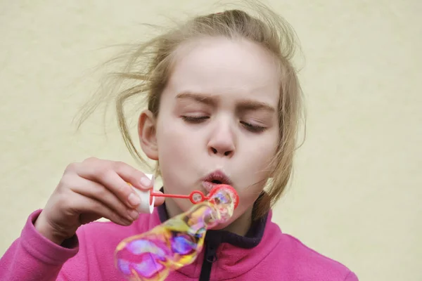 Girl Smiling Blowing Soap Bubbles Funny Outdoors Activity — Stock Photo, Image