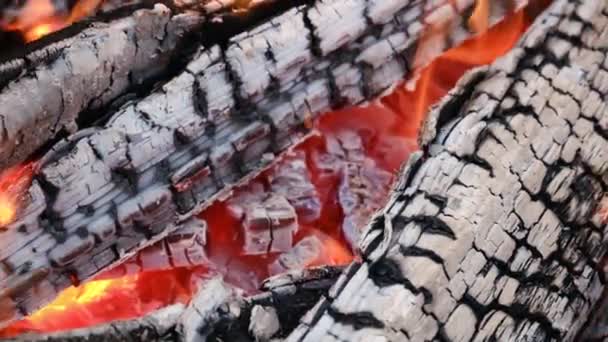 Fire is burning in the fireplace. Close up of some very hot charcoal burning in a grill in slow motion and flames — Stock Video