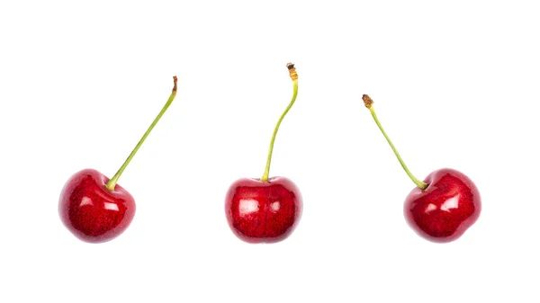 Mogna röda körsbär isolerad på vit bakgrund. Makrofoto på nära håll. Tre körsbär på vit bakgrund. — Stockfoto
